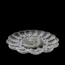 Load image into Gallery viewer, Vintage clear &quot;Hobnail&quot; pressed glass devilled egg plate featuring holders for 15 eggs and a central flat area for condiments, Indiana Glass, USA. Add some sparkle to your entertaining with this charming serving plate. Excellent condition, free from chips. Measures 11 1/4 inches
