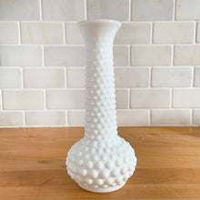 Load image into Gallery viewer, Classic vintage hobnail milk glass floral bud vase. Crafted by EO Brody, USA, circa 1950s. Create an elegant flower arrangement with this pretty vase. Suits farmhouse, shabby chic, cottage core, plus wedding or bridal decor. In excellent condition, free from chips. Measures 3 1/4 x 7 1/2 inches
