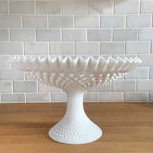 Load image into Gallery viewer, Side view of Vintage Fenton Hobnail milk glass pedestal footed bowl
