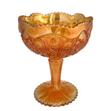 Load image into Gallery viewer, Vintage Imperial Glass Hobstar &amp; Arches marigold carnival compote, full view in natural light showing colour shift
