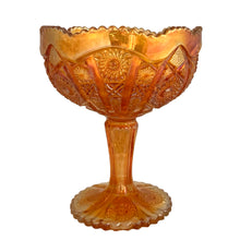 Load image into Gallery viewer, Vintage Imperial Glass Hobstar &amp; Arches marigold carnival glass compote, front view showing iridescent finish, 1950s–1970s

