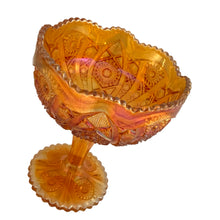 Load image into Gallery viewer, Imperial Glass marigold carnival compote, three-quarter view highlighting Hobstar and Arches pressed pattern
