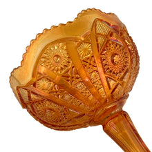 Load image into Gallery viewer, Imperial Glass marigold carnival glass compote bowl detail showing pressed pattern nd smooth sawtooth rim, 1950s–1970s
