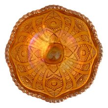 Load image into Gallery viewer, Overhead view of Imperial Glass Hobstar &amp; Arches marigold carnival compote showing interior, smooth sawtooth rim and iridescent glow
