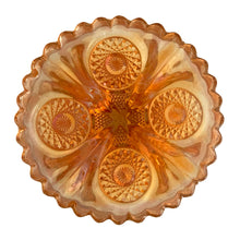 Load image into Gallery viewer, Imperial Glass marigold carnival glass compote base detail showing pressed pattern and footed stem, 1950s–1970s
