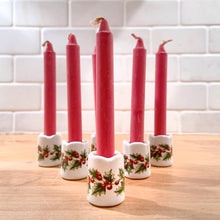 Load image into Gallery viewer, Vintage Miniature White Porcelain Candle Holders w/ Green Holly and Red Berries and Candles, Funny Design, West Germany
