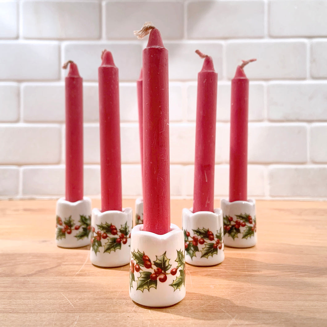Vintage Miniature White Porcelain Candle Holders w/ Green Holly and Red Berries and Candles, Funny Design, West Germany