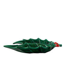 Load image into Gallery viewer, Side view of vintage holly leaf serving dish showing depth and festive red and green ceramic glaze
