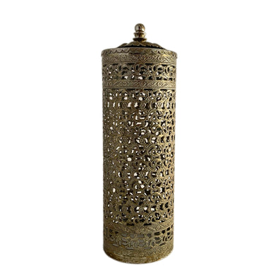 Check out the Hollywood Regency style of this 1950s era brass ormolu metal filigree hair spray can cover. A super glam way to disguise a can of spray!  In excellent vintage condition with wear commensurate with age.  Measures 3 × 9 inches   