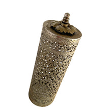 Load image into Gallery viewer, Check out the Hollywood Regency style of this 1950s era brass ormolu metal filigree hair spray can cover. A super glam way to disguise a can of spray!  In excellent vintage condition with wear commensurate with age.  Measures 3 × 9 inches   
