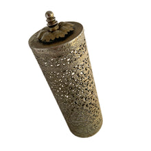 Load image into Gallery viewer, Check out the Hollywood Regency style of this 1950s era brass ormolu metal filigree hair spray can cover. A super glam way to disguise a can of spray!  In excellent vintage condition with wear commensurate with age.  Measures 3 × 9 inches   
