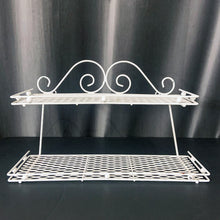 Load image into Gallery viewer, Vintage mid-century era, Hollywood Regency metal two tier wire mesh wall shelf in white.  In great vintage condition, some wear to the paint.  Measures 16 1/4 x 5 1/2 x 9 1/2 inches
