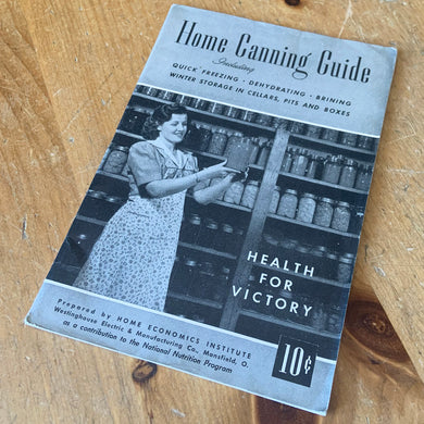 This vintage softcover WWII era Home Canning Guide – Health for Victory is a jam-packed 47-page reference guide outlining how to safely preserve and store food at home with black and white illustrations and photographs. Prepared by Home Economics Institute Book and published by Westinghouse Electric Manufacturing, 1943, USA/Canada. A great handy resource guide.

In good vintage condition with age-related wear, foxing/yellowing of the pages.

Measurements 6 x 9 inches