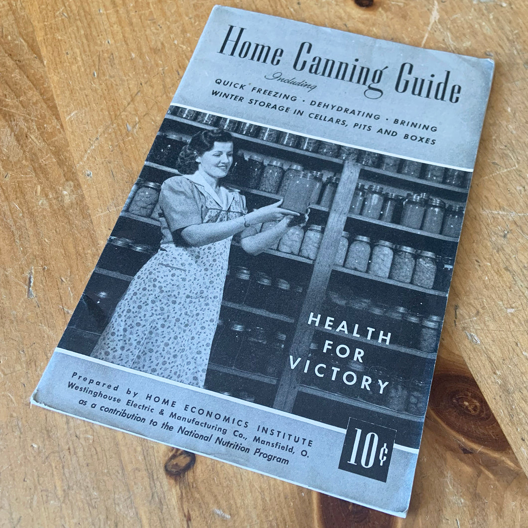 This vintage softcover WWII era Home Canning Guide – Health for Victory is a jam-packed 47-page reference guide outlining how to safely preserve and store food at home with black and white illustrations and photographs. Prepared by Home Economics Institute Book and published by Westinghouse Electric Manufacturing, 1943, USA/Canada. A great handy resource guide.

In good vintage condition with age-related wear, foxing/yellowing of the pages.

Measurements 6 x 9 inches
