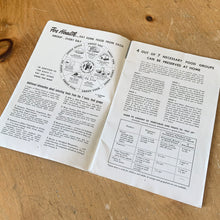 Load image into Gallery viewer, This vintage softcover WWII era Home Canning Guide – Health for Victory is a jam-packed 47-page reference guide outlining how to safely preserve and store food at home with black and white illustrations and photographs. Prepared by Home Economics Institute Book and published by Westinghouse Electric Manufacturing, 1943, USA/Canada. A great handy resource guide.

In good vintage condition with age-related wear, foxing/yellowing of the pages.

Measurements 6 x 9 inches
