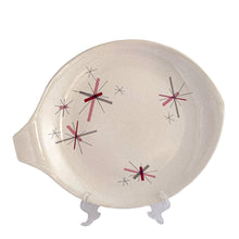 Load image into Gallery viewer, Vintage Hop Scotch Pink free form ceramic serving platter featuring pink and gray graphic stars on a beige speckled ground. Crafted by Salem China, USA, circa 1950s. Adds that mid-century atomic style to add to tableware collection! In excellent condition, free from chips/cracks/repairs. Maker&#39;s mark on the bottom. Measures 14 x 11 3/8 inches
