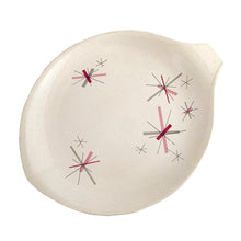Load image into Gallery viewer, Vintage Hop Scotch Pink free form ceramic serving platter featuring pink and gray graphic stars on a beige speckled ground. Crafted by Salem China, USA, circa 1950s. Adds that mid-century atomic style to add to tableware collection! In excellent condition, free from chips/cracks/repairs. Maker&#39;s mark on the bottom. Measures 14 x 11 3/8 inches
