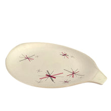 Load image into Gallery viewer, Vintage Hop Scotch Pink free form ceramic serving platter featuring pink and gray graphic stars on a beige speckled ground. Crafted by Salem China, USA, circa 1950s. Adds that mid-century atomic style to add to tableware collection! In excellent condition, free from chips/cracks/repairs. Maker&#39;s mark on the bottom. Measures 14 x 11 3/8 inches
