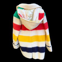 Load image into Gallery viewer, Timeless vintage Hudson&#39;s Bay Point double breasted Blanket Coat with original details, cozy hood, slant pockets and vented back. The coat was manufactured in Canada with blanket material made in England, circa 1970s. This iconic Canadian coat with its colourful stripes is a must-have for any winter wardrobe!
