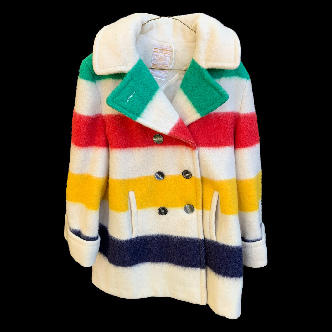 Timeless vintage Hudson's Bay Point double breasted Blanket Coat with original details, cozy hood, slant pockets and vented back. The coat was manufactured in Canada with blanket material made in England, circa 1970s. This iconic Canadian coat with its colourful stripes is a must-have for any winter wardrobe!