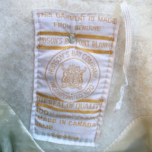 Load image into Gallery viewer, Timeless vintage Hudson&#39;s Bay Point double breasted Blanket Coat with original details, cozy hood, slant pockets and vented back. The coat was manufactured in Canada with blanket material made in England, circa 1970s. This iconic Canadian coat with its colourful stripes is a must-have for any winter wardrobe!
