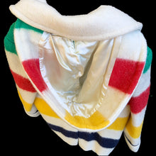 Load image into Gallery viewer, Timeless vintage Hudson&#39;s Bay Point double breasted Blanket Coat with original details, cozy hood, slant pockets and vented back. The coat was manufactured in Canada with blanket material made in England, circa 1970s. This iconic Canadian coat with its colourful stripes is a must-have for any winter wardrobe!
