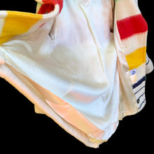 Load image into Gallery viewer, Timeless vintage Hudson&#39;s Bay Point double breasted Blanket Coat with original details, cozy hood, slant pockets and vented back. The coat was manufactured in Canada with blanket material made in England, circa 1970s. This iconic Canadian coat with its colourful stripes is a must-have for any winter wardrobe!
