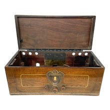 Load image into Gallery viewer, Front view of RCA Victor radio cabinet with lid raised, showing empty interior and circular rear openings
