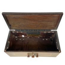 Load image into Gallery viewer, Overhead view into empty wooden radio cabinet showing interior base, rear openings and lid support
