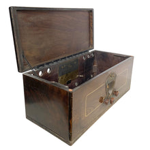 Load image into Gallery viewer, Angled view of vintage mahogany radio cabinet with hinged lid open and radio components removed
