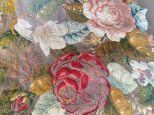 Load image into Gallery viewer, Close-up of red and pink needlepoint roses with white flowers and gold-toned foliage on a grey-brown background

