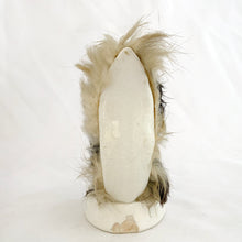 Load image into Gallery viewer, Rear view of 1950s Napco Originals porcelain skunk figurine showing the full real fur tail attached to the white porcelain back, on cream base, chipped
