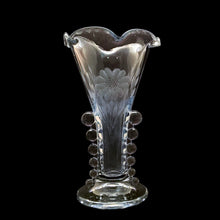 Load image into Gallery viewer, Vintage Imperial Candlewick clear glass flower vase featuring WJ Hughes cut &quot;Corn Flower&quot; pattern, glass balls along each side of the body of the vase and finished with a beaded crimped scalloped edge. Imperial Glass blank,1950s. A beautiful flower arrangement deserves an equally beautiful vessel! In as found condition, free from chips, with hard water marks around the mid-section. Measures 5 x 8 1/8 inches
