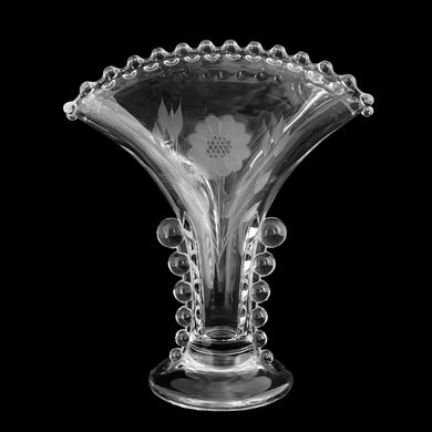 Stunning vintage Imperial Candlewick clear glass fan vase cut with WJ Hughes Corn Flower pattern with two sets of flowers and leaf sprays on shape 400/87F. Imperial Glass blank, 1939 - 1941. Create a unique floral arrangement with this lovely vessel!

In excellent vintage condition, no chips.

Measures 7 5/8 x 3 1/2 x 8 1/2 inches
