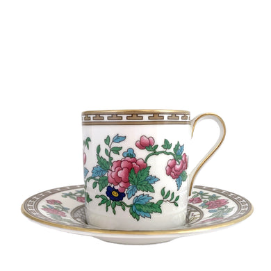 Vintage Indian Tree hand painted bone china flat demitasse cup and saucer with smooth gold key rim. Crafted by Aynsley, England, circa 1970s. This is a reproduction of this classic Chinoiserie pattern. A gorgeous addition to your tableware collection!  In excellent condition, no chips/cracks/repairs. Maker's mark on the bottom.  Measurements: cup 2 1/4 x 2 3/8 inches, saucer 4 3/4 inches