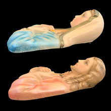 Load image into Gallery viewer, Opposite side profile of Sacred Heart of Jesus and Immaculate Heart of Mary chalkware plaques showing sculpted bust form, painted robes, and visible chip on Jesus plaque consistent with age
