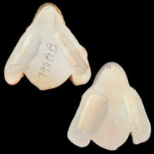 Load image into Gallery viewer, Flat back view of both 1950s chalkware wall plaques showing hollow unpainted plaster construction and hand-inscribed model number 790AB in pencil, Michigan Artistic Creations USA
