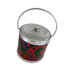 Load image into Gallery viewer, Vintage ice bucket featuring a chrome base, jewel-toned paisley bucket, topped with a chrome handle and lid with sculptural metal flower white plastic interior. Crafted by Serv-Master, USA, circa 1960s. A fabulous example of mid-century design and style!

In excellent used condition. Marked on the bottom Serv-Master Creations.

Measures 7 3/4 x 8 inches (not incl. handle)
