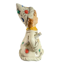 Load image into Gallery viewer, Josef Originals Gemini zodiac figurine, left side profile — cream ceramic wizard robe with hand-painted celestial motifs including stars, moons, and coloured gems holding original scroll
