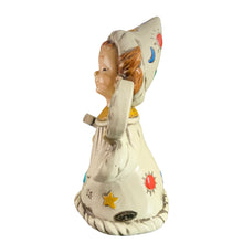 Load image into Gallery viewer, Josef Originals Gemini zodiac figurine, right side profile — cream ceramic wizard robe with coloured star and sun motifs; Josef Originals oval foil label visible on base
