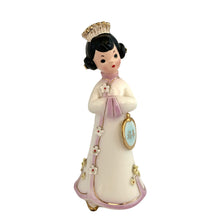 Load image into Gallery viewer, Vintage Josef Originals Good Luck porcelain figurine, front view, white and pastel pink kimono with applied white flower details and gold gilt trim, black hair bun with gold-trimmed white headdress, holding a round pale blue good luck medallion with gold kanji characters 福寿
