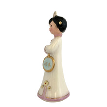 Load image into Gallery viewer, Josef Originals Good Luck figurine, right side profile view, showing the round pale blue 福寿 medallion hanging from the right hand, black hair bun with small flower pin, white kimono with pink trim and gold gilt hem
