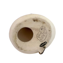 Load image into Gallery viewer, Base view of the Josef Originals Good Luck figurine, showing the Josef Originals script signature, original black and gold oval Japan foil sticker, and hollow unglazed porcelain base
