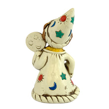 Load image into Gallery viewer, Josef Originals Virgo Zodiac wizard figurine, rear view, showing the back of the cream robe with multicolour celestial motifs including yellow stars, red dots, blue crescent moon, and teal circles, brown braided hair, white wizard hat
