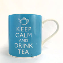 Load image into Gallery viewer, Sip your tea with this classic ceramic mug! Perfect for your morning cuppa, this mug features a classic blue and white design and reads &quot;Keep Calm and Drink Tea&quot; with with teapot graphic. Crafted with care by Kent Pottery in England.  In excellent condition, free from chips/cracks.  Measures 3 1/4 x 3 3/4 inches  Capacity 12 ounces
