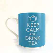 Load image into Gallery viewer, Sip your tea with this classic ceramic mug! Perfect for your morning cuppa, this mug features a classic blue and white design and reads &quot;Keep Calm and Drink Tea&quot; with with teapot graphic. Crafted with care by Kent Pottery in England.  In excellent condition, free from chips/cracks.  Measures 3 1/4 x 3 3/4 inches  Capacity 12 ounces
