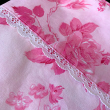 Load image into Gallery viewer, This lovely vintage &quot;Kensington&quot; pink flat bed sheet features a pattern pink roses and the band has a white lace detail. This 50% polyester / 50% cotton sheet fits a double/full sized bed. Crafted by Cannon Royal Family, USA, circa mid 1970s. A beautiful addition to your bedding collection, or repurpose for crafts, quilting or garment making. In excellent condition free from stains/tears. Original label present and colours are vivid and appears to be unused. Fits a double/full size mattress 81 x 104 inches
