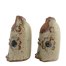 Load image into Gallery viewer, Opposite side view of Knobler stoneware frog shaker showing moss green and brown glaze with raised floral relief on red stoneware body

