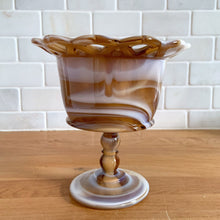 Load image into Gallery viewer, Unique vintage lace edge caramel slag glass pedestal candy dish. Crafted by Imperial Glass, USA, 1964 - 1970. Use as intended or as a planter.  In excellent condition, no chips.  Measures 6 1/4 x 6 1/2 inches
