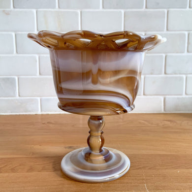 Unique vintage lace edge caramel slag glass pedestal candy dish. Crafted by Imperial Glass, USA, 1964 - 1970. Use as intended or as a planter.  In excellent condition, no chips.  Measures 6 1/4 x 6 1/2 inches